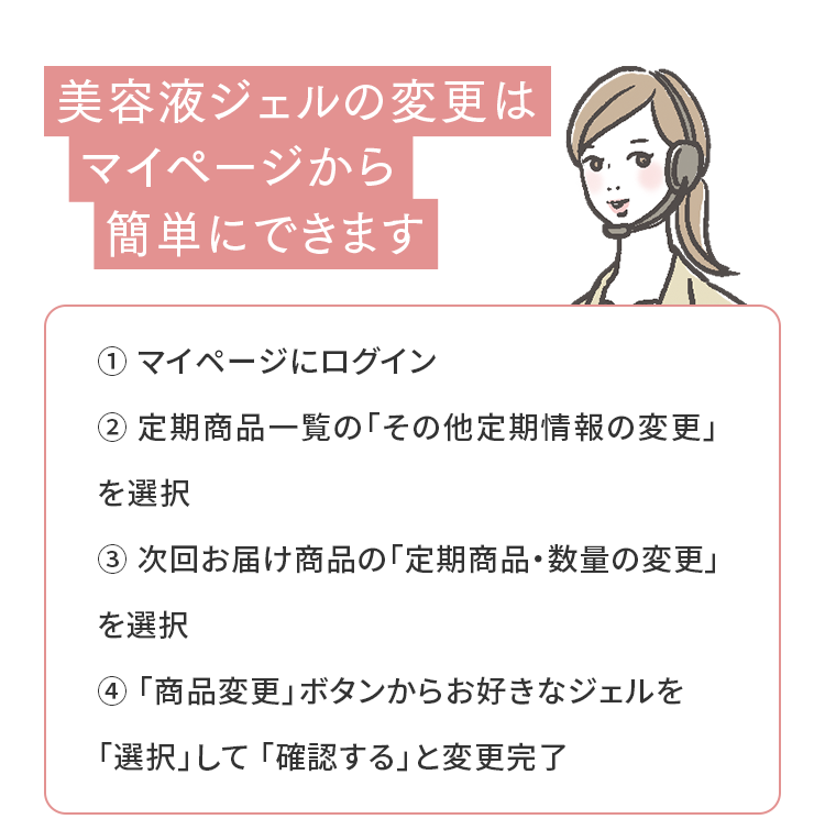 美容液ジェルの変更はマイページから簡単にできます
																			 ① マイページにログイン② 定期商品一覧の「その他定期情報の変更」を選択③ 次回お届け商品の「定期商品・数量の変更」を選択④ 「商品変更」ボタンからお好きなジェルを「選択」して 「確認する」と変更完了