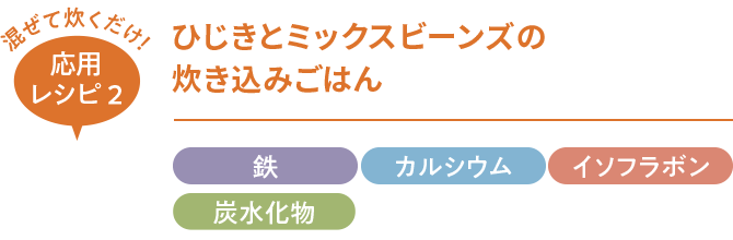 混ぜるだけ！応用レシピ2｜ひじきとミックスビーンズの炊き込みごはん｜鉄・カルシウム・イソフラボン・炭水化物