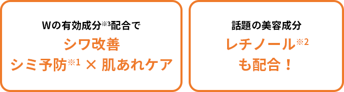 Wの有効成分※3配合でシワ改善シミ予防※1 × 肌あれケア／話題の美容成分レチノール※2も配合！と書かれた図