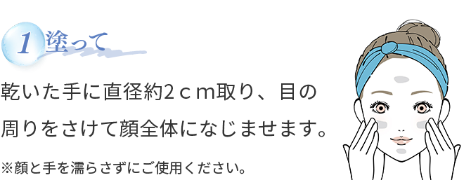 1.塗って　乾いた手に直径約2ｃｍ取り、目の周りをさけて顔全体になじませます。※顔と手を濡らさずにご使用ください。