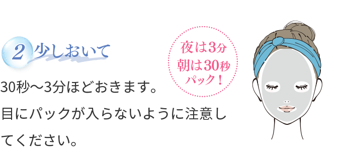 2.少しおいて　30秒～3分ほどおきます。目にパックが入らないように注意してください。