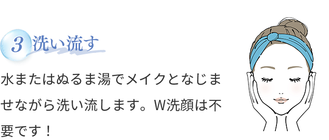 3.洗い流す　水またはぬるま湯でメイクとなじませながら洗い流します。W洗顔は不要です！