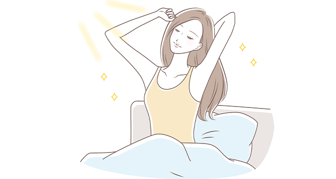 太陽を浴びて目覚める女性のイメージ図
