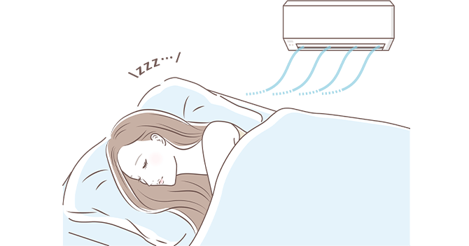 エアコンをつけて眠る女性のイメージ図
