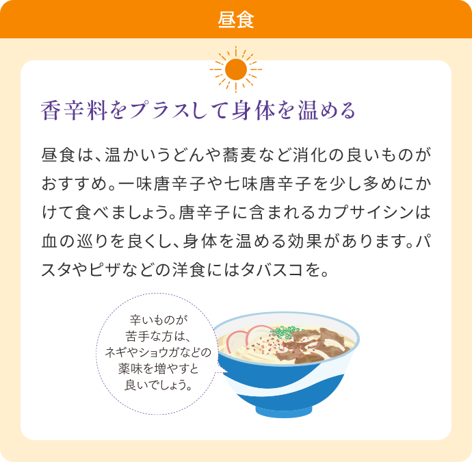 昼食 「香辛料をプラスして身体を温める」の内容