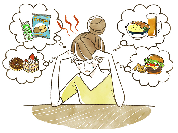 食べたいジレンマに悩む女性のイメージイラスト