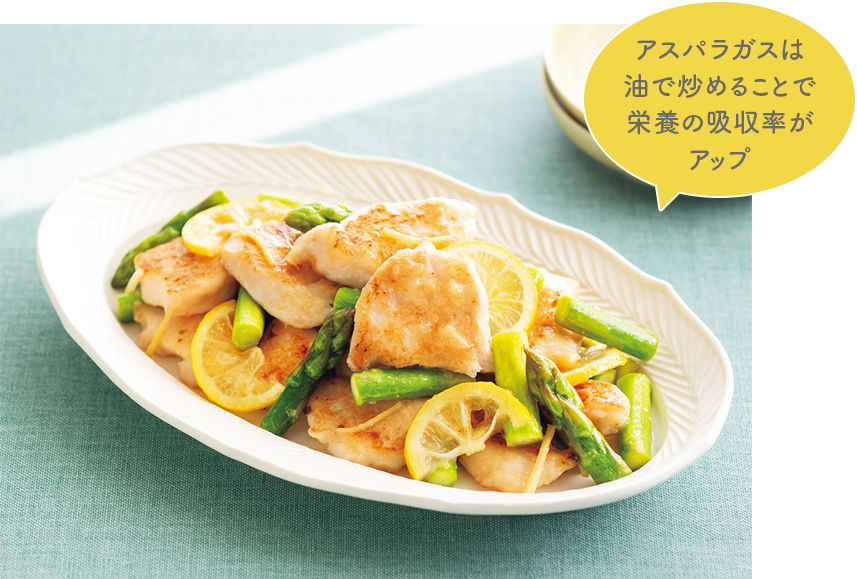 アスパラと鶏むね肉のレモンしょうが炒めの画像