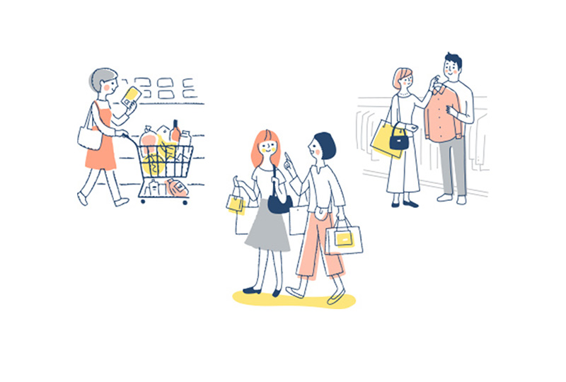 買い物を楽しむ複数の女性のイラスト