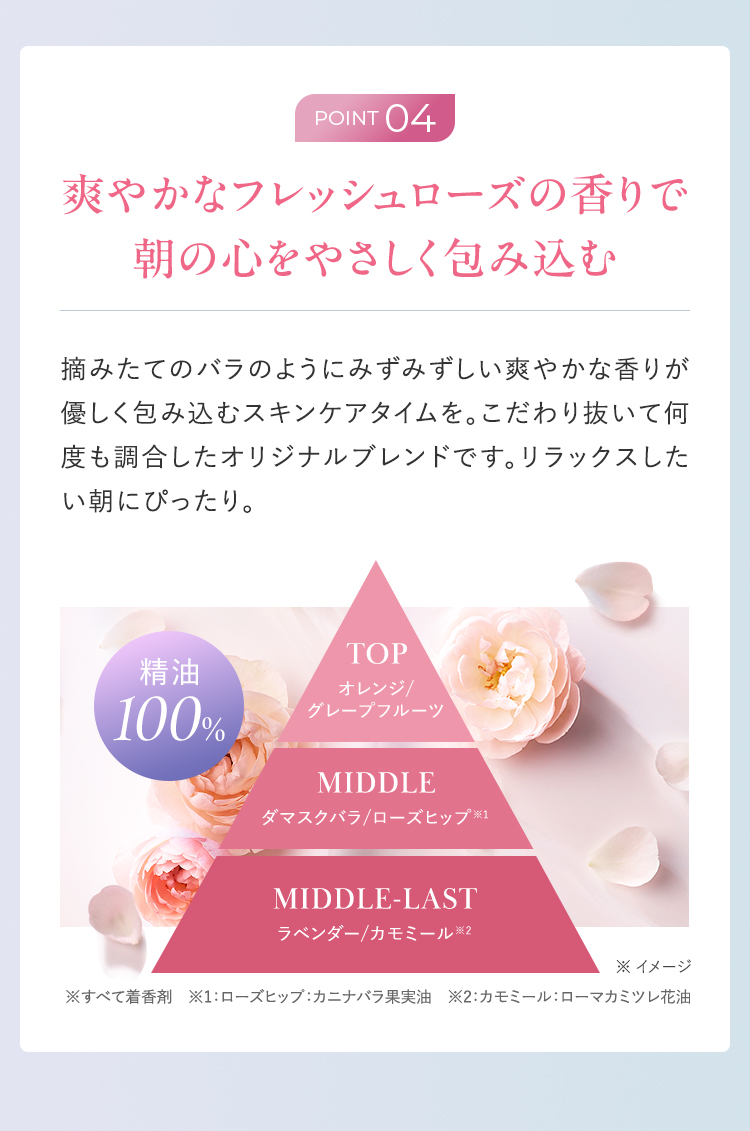 ポイント04 精油100%。オレンジ、ダマスクバラ、ラベンダーなどをブレンドしたフレッシュローズの香り。