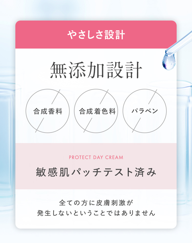 合成香料・着色料・パラベン不使用の無添加設計と、敏感肌パッチテスト済み