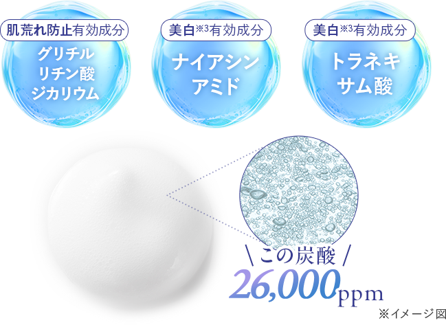 3種の有効成分を微細な泡、炭酸26,000ppmで届ける