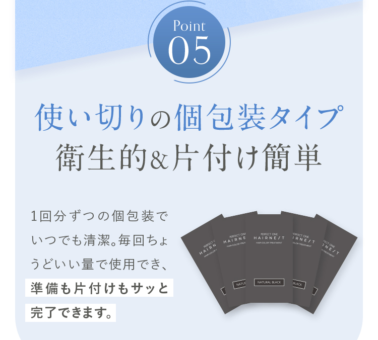 Point05 使い切りの個包装タイプ 衛生的＆片付け簡単