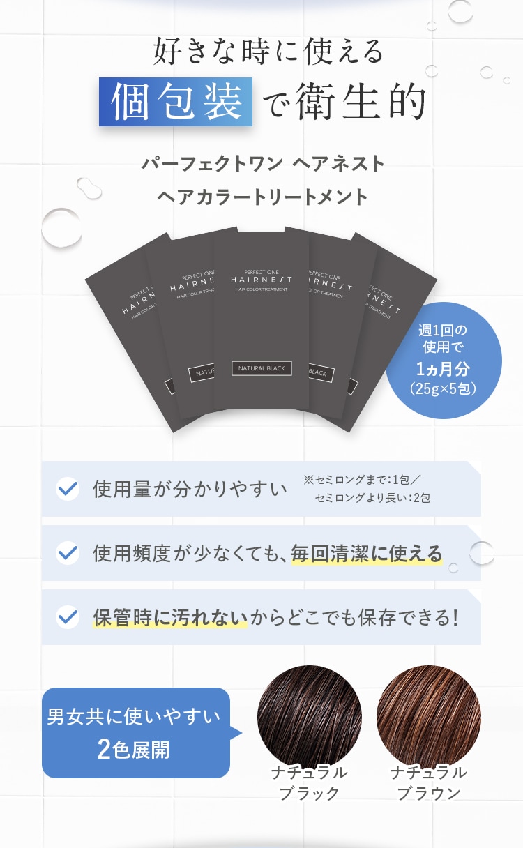 好きな時に使える個包装で衛生的 パーフェクトワン ヘアネスト ヘアカラートリートメント 2色展開