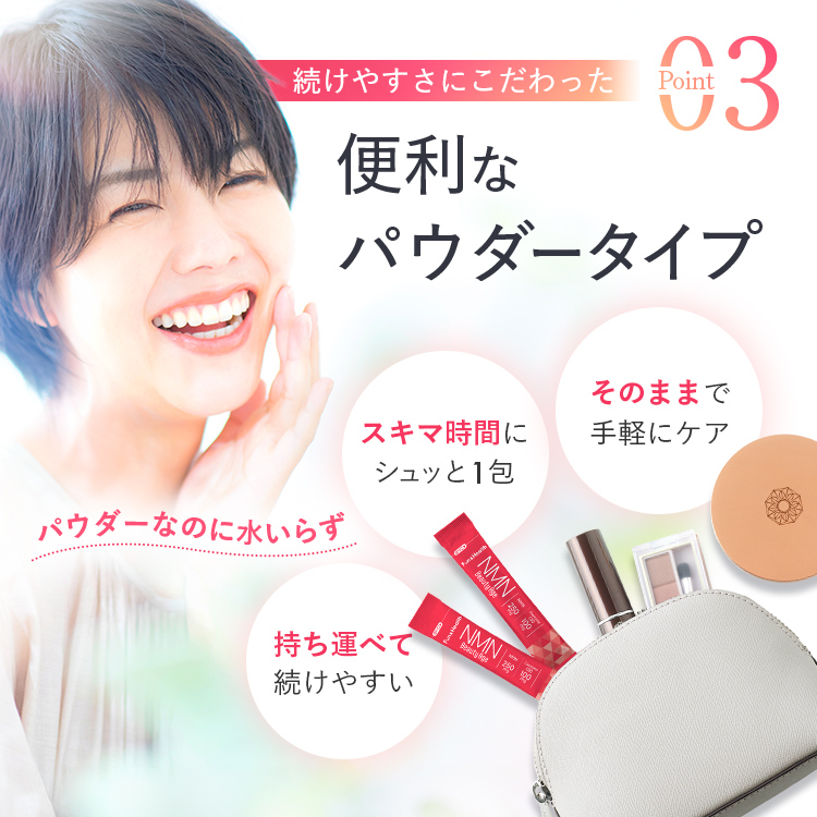 ポーチに入ったNMNの画像と女性