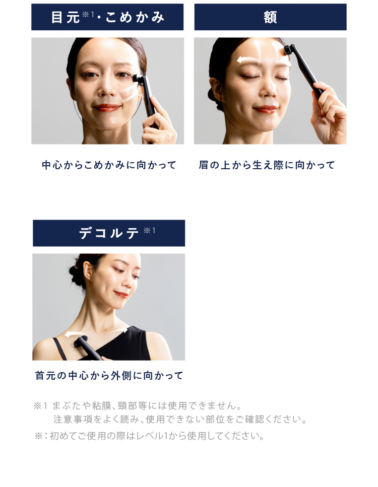 目元・こめかみ、額、デコルテ