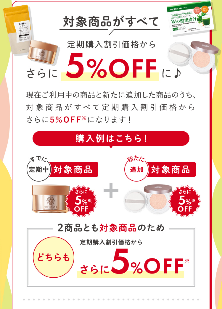 対象商品がすべて定期購入割引価格からさらに5％オフ！