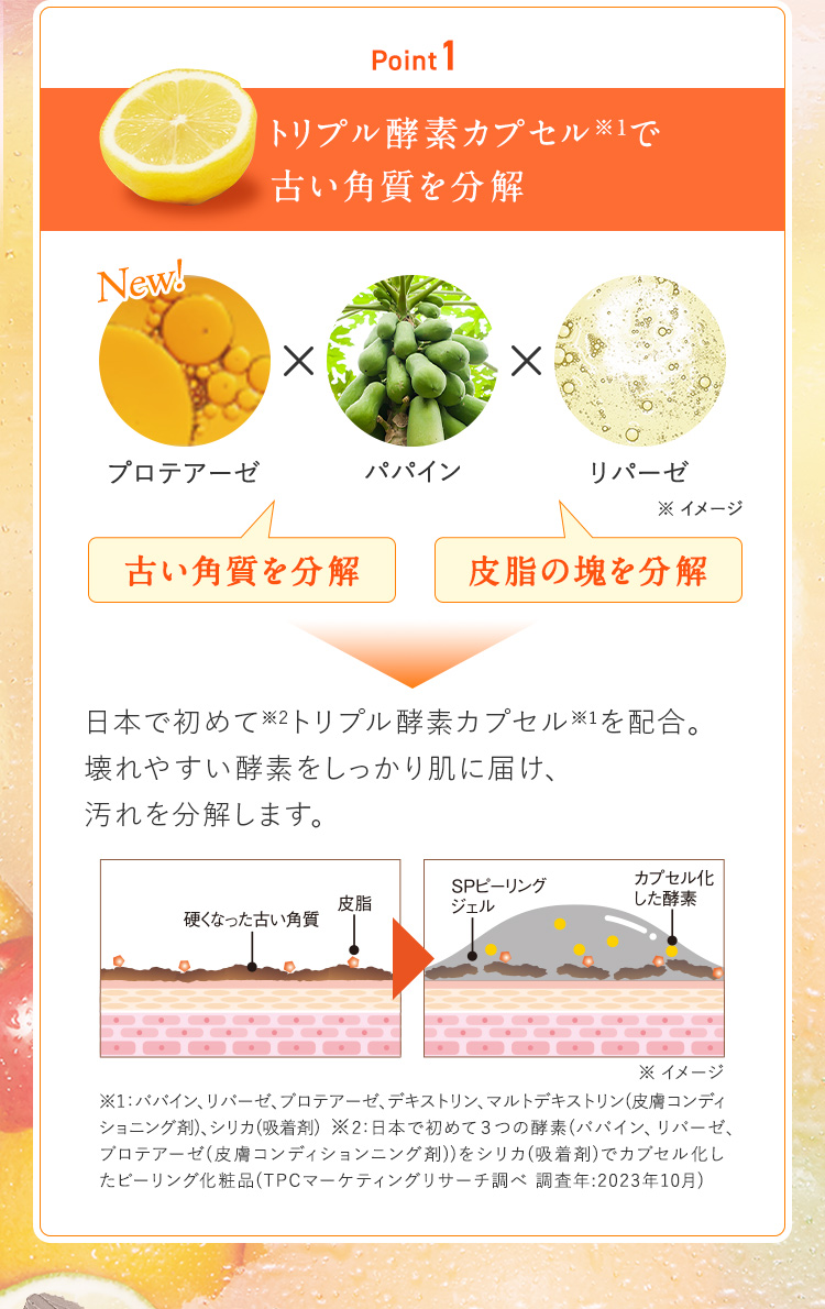 トリプル酵素カプセルで古い角質を分解