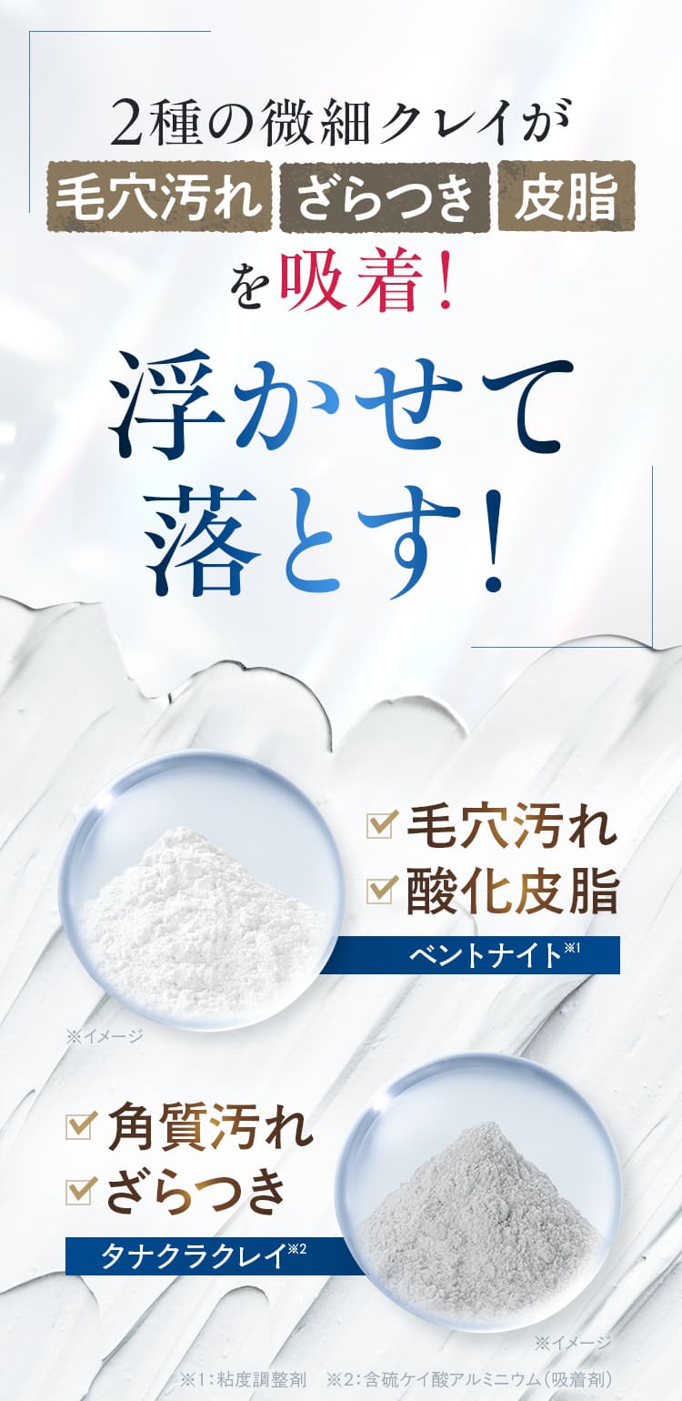 “2種の微細クレイが毛穴汚れ、ざらつき、脂を吸着！浮かせて落とす！