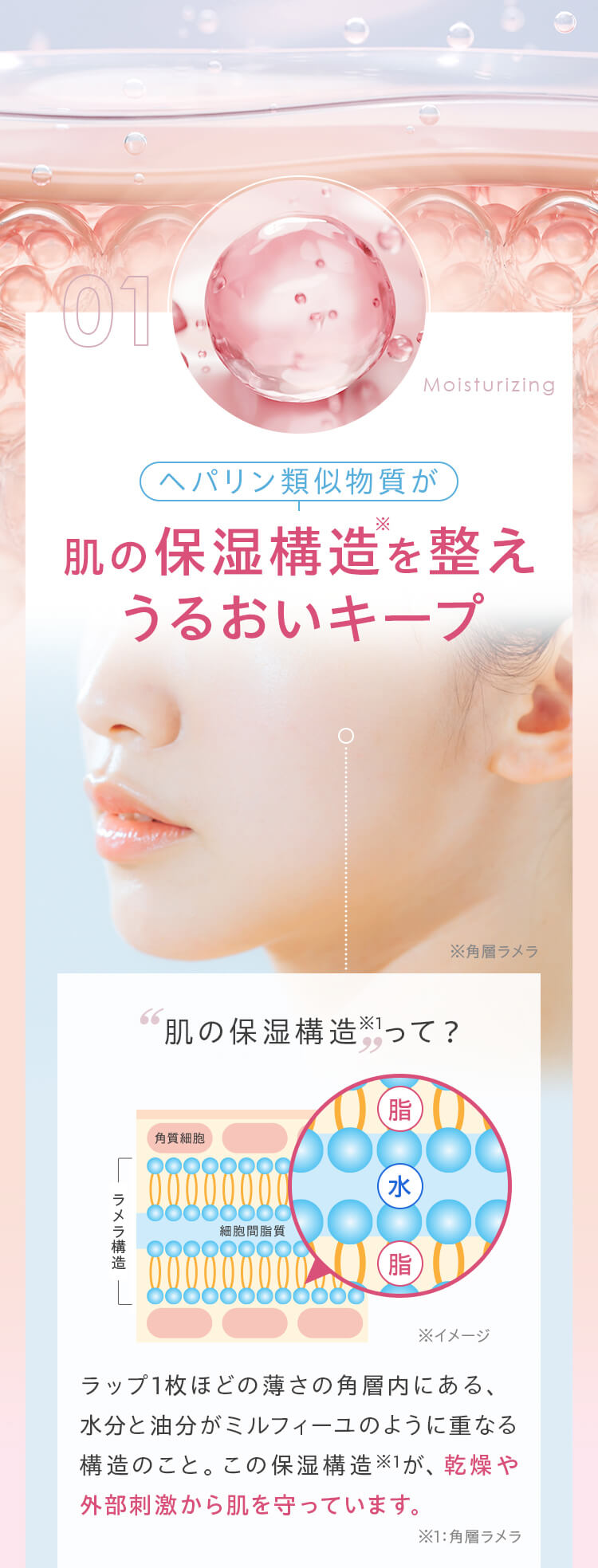 ヘパリン類似物質が肌の保湿構造を整え、うるおいキープ