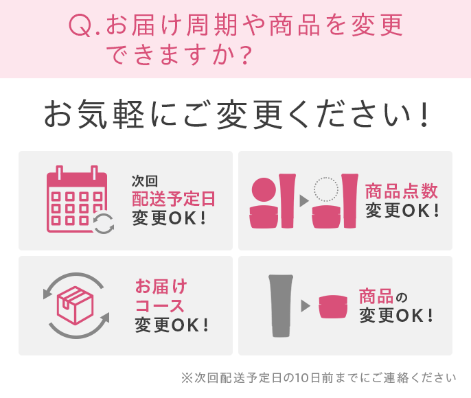 次回配送予定日・商品点数・お届けコース・商品など、お気軽にご変更ください！※次回配送予定日の10日前までにご連絡ください