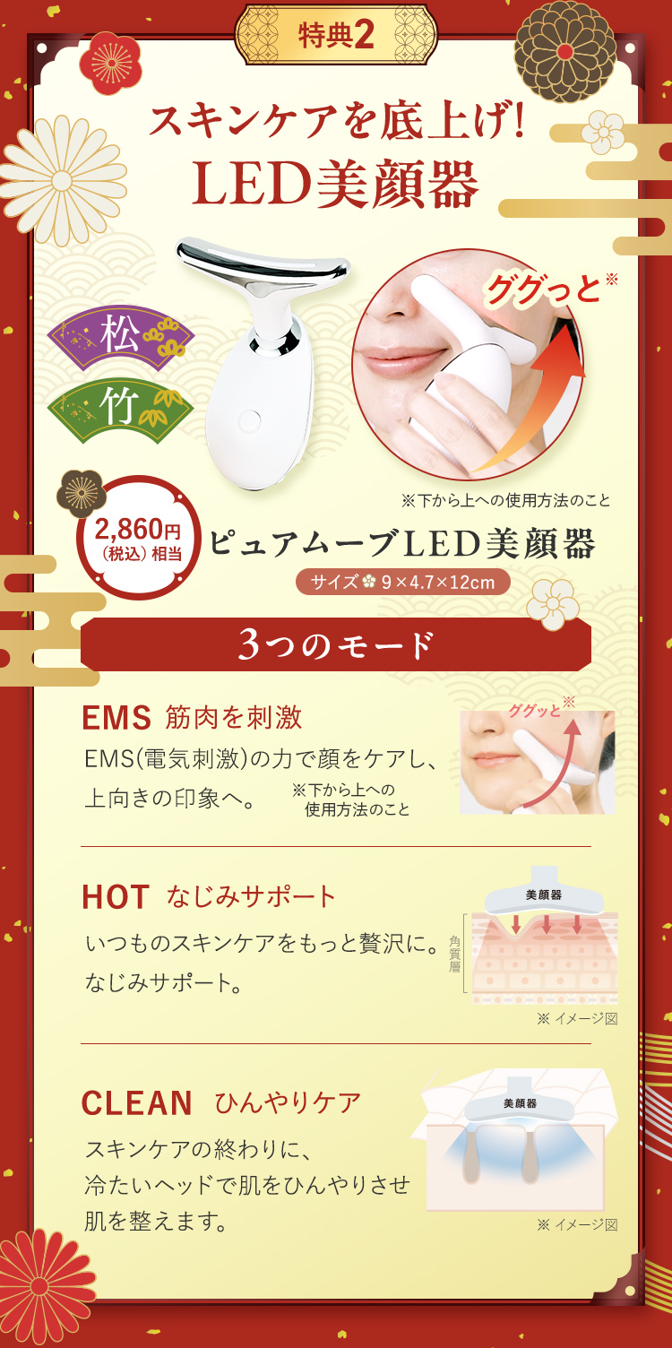 特典2：LED美顔器、特典3：1DAYトラベルセット
