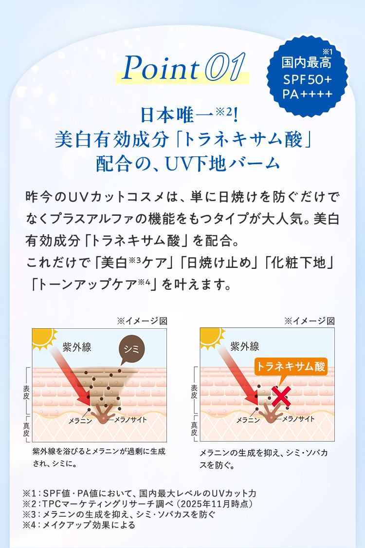 ポイント1：日本唯一！トラネキサム酸配合のUV下地バーム