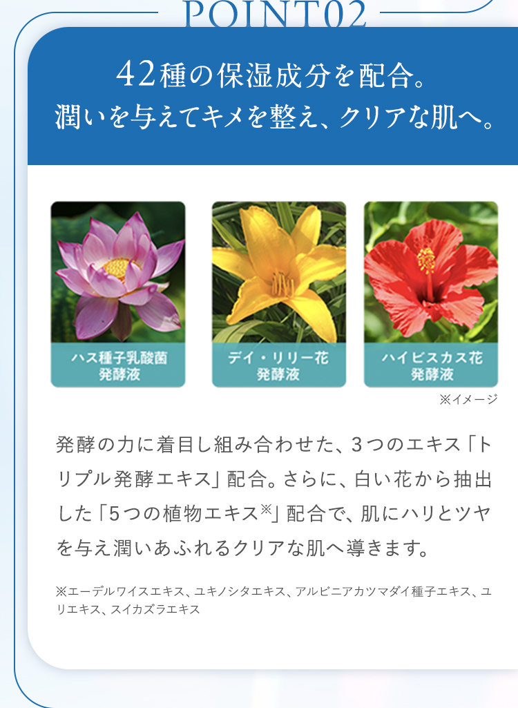 42種の保湿成分を配合。潤いを与えてキメを整え、クリアな肌へ