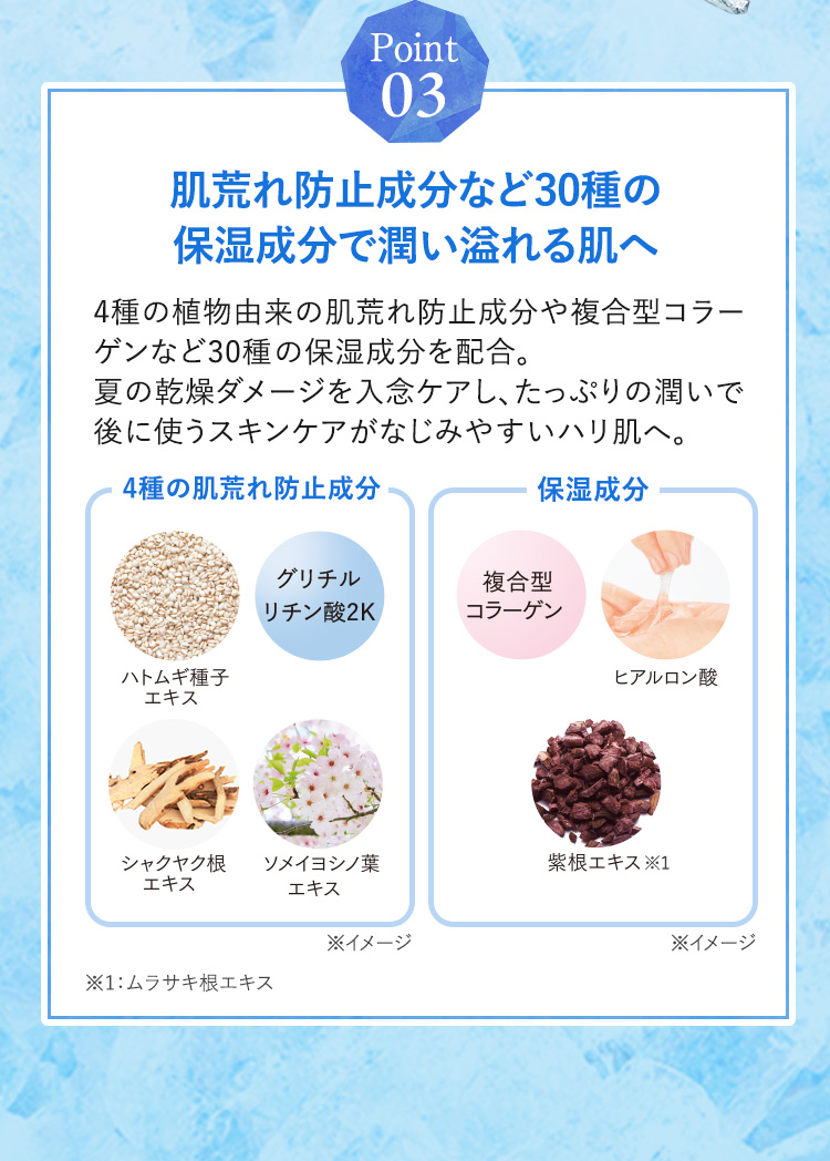 肌荒れ防止成分など30種の保湿成分で潤い溢れる肌へ
