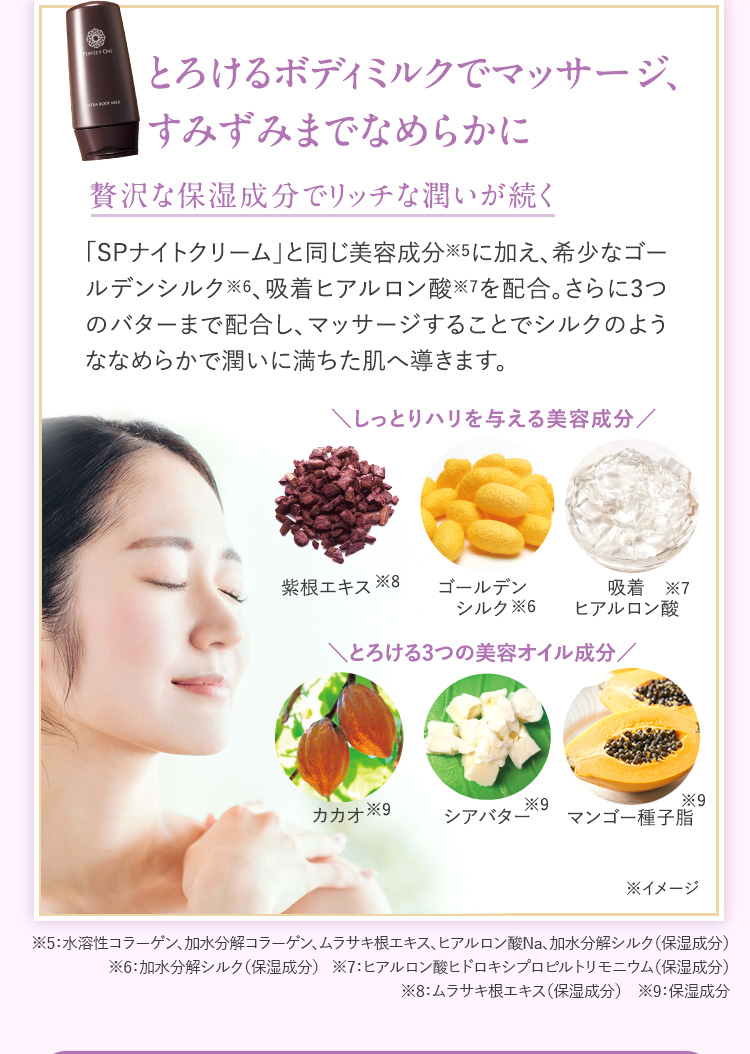 とろけるボディミルクでマッサージ、すみずみまでなめらかに