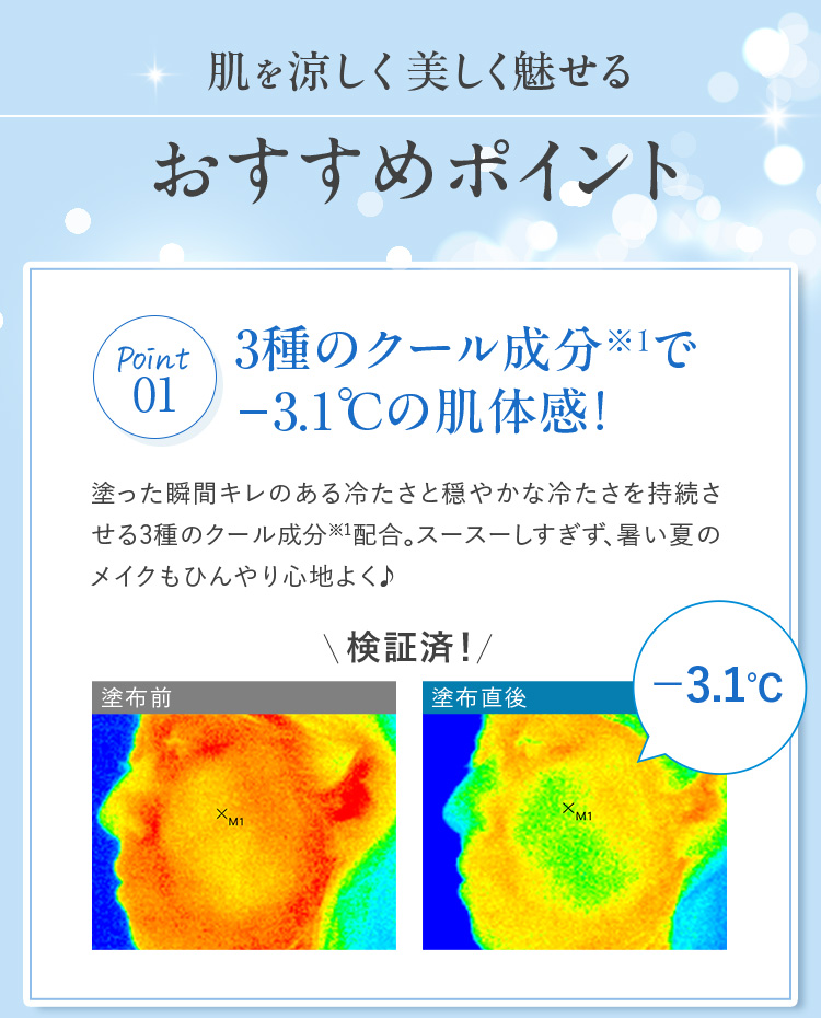 肌を美しく魅せるおすすめポイント ①3種のクール成分で‐3.1°の肌体感