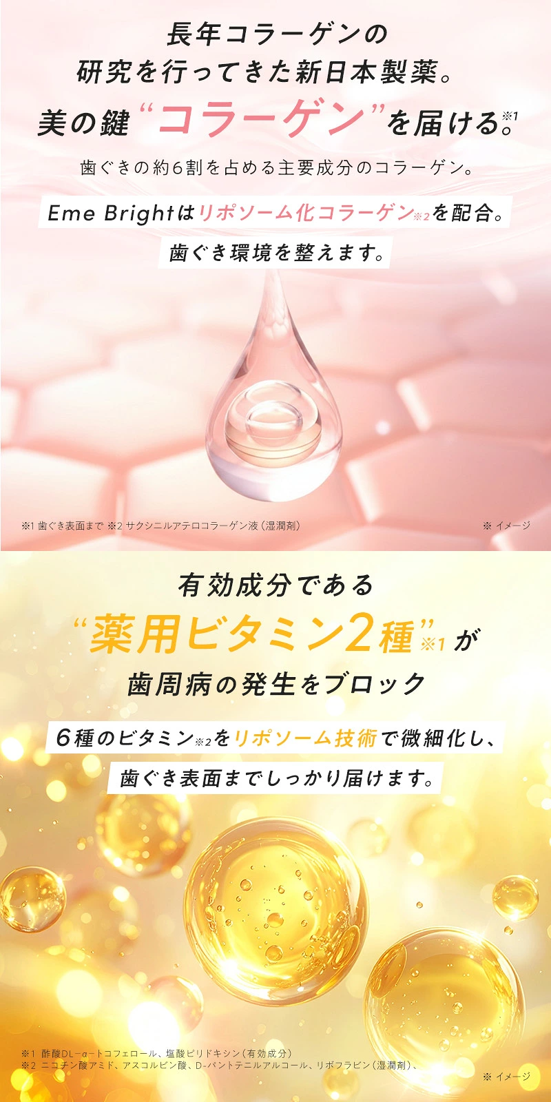 リポソーム化コラーゲンと薬用ビタミンを配合し、歯ぐき環境を整えて歯周病の発生を防ぐ薬用歯みがき