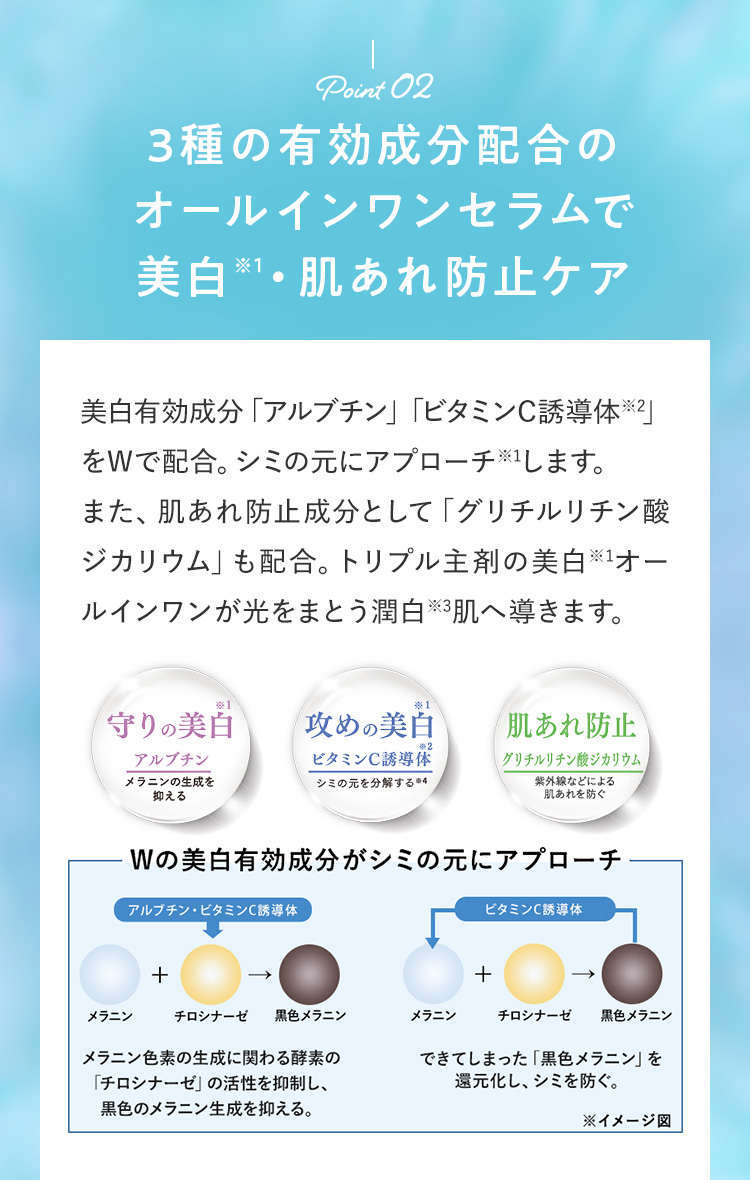 Point02.3種の有効成分配合のオールインワンセラムで美白・肌荒れ防止ケア