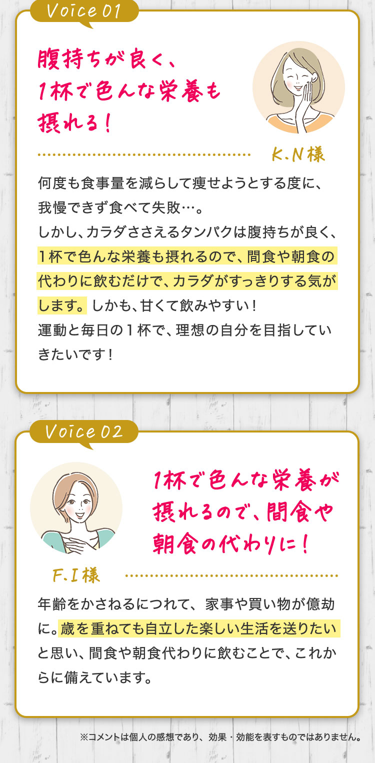 Voice01 腹持ちが良く、1杯で色んな栄養も摂れる！ Voice02 1杯で色んな栄養が摂れるので、間食や朝食の代わりに！