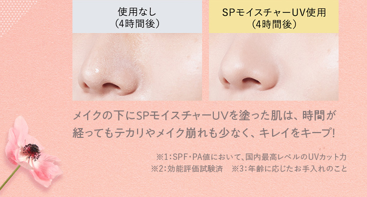 メイクの下にSPモイスチャーUVを塗った肌は、時間が経ってもテカリやメイク崩れも少なく、キレイをキープ！