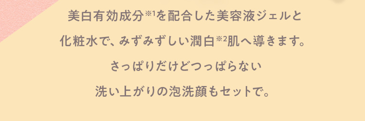 美白有効成分※1を配合した美容液ジェルと化粧水で、みずみずしい潤白肌へ導きます。さっぱりだけどつっぱらない 洗い上がりの泡洗顔もセットで。