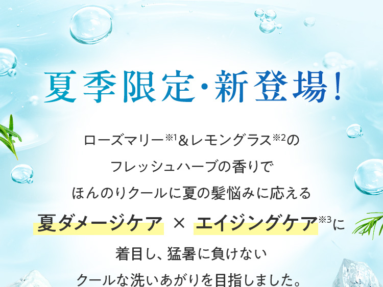 夏季限定・新登場！ローズマリー※1＆レモングラスのフレッシュハーブの香りでほんのりクールに夏の髪悩みに応える夏ダメージケア×エイジングケアに着目し、猛暑に負けないクールな洗いあがりを目指しました。