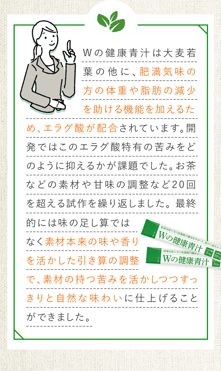 Wの健康青汁は大麦若葉の他に、肥満気味の方の体重や脂肪の減少を助ける機能を加えるため、エラグ酸が配合されています。