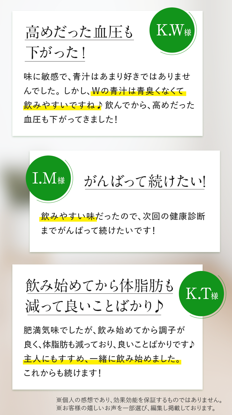 高めだった血圧も下がった！ 気になるお腹周りも すっきり！ 飲み始めてから体脂肪も減って良いことばかり