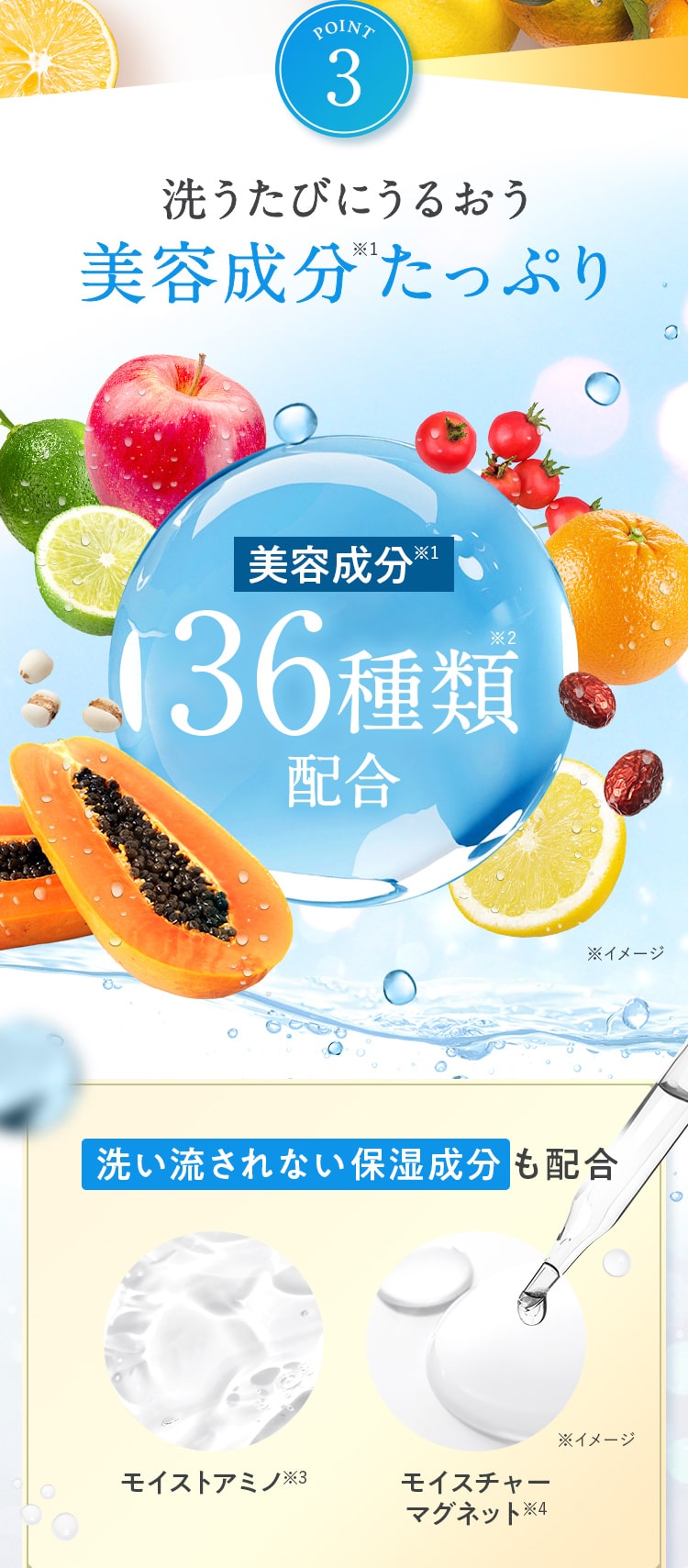 POINT3_洗うたびにうるおう美容成分たっぷり美容成分※1_36種類 配合_洗い流されない保湿成分も配合モイストアミノ※3/モイスチャー マグネット※4
