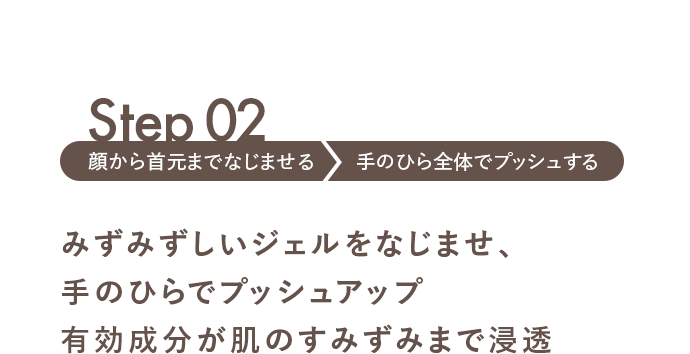 Step02 みずみずしいジェルをなじませ、手のひらでプッシュアップ有効成分が肌のすみずみまで浸透