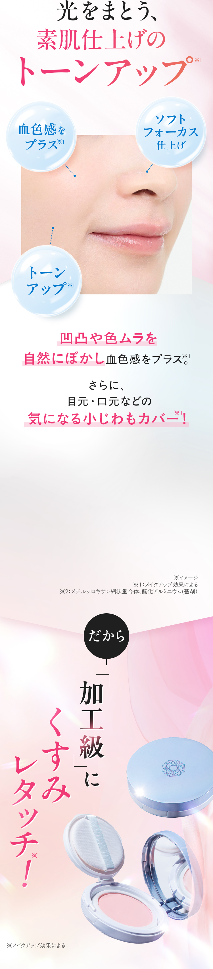 光をまとう、素肌仕上げのトーンアップ。凹凸や色ムラを自然にぼかし血色感をプラス。さらに、目元・口元などの気になる小じわもカバー！だから、加工級にくすみレタッチ！