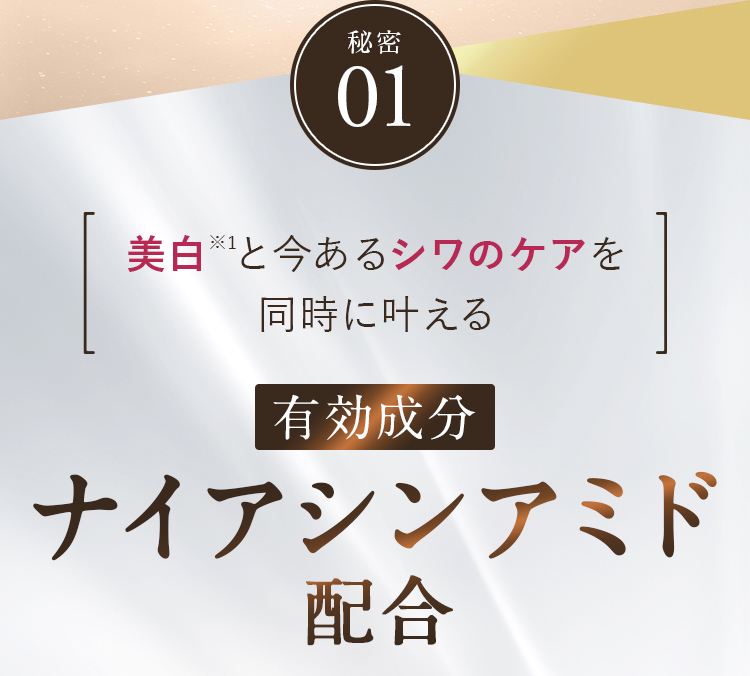 秘密01 美白と今あるシワのケアを同時に叶える 有効成分 ナイアシンアミド配合