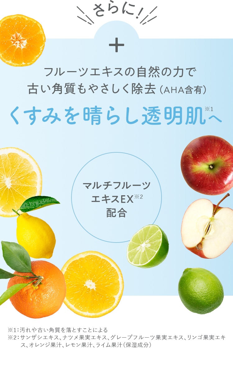 さらに！フルーツエキスの自然の力で 古い角質もやさしく除去（AHA含有）くすみを晴らし透明肌へ