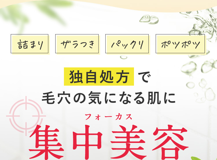 詰まり ザラつき パックリ ポツポツ 独自処方で 毛穴の気になる肌に 集中美容