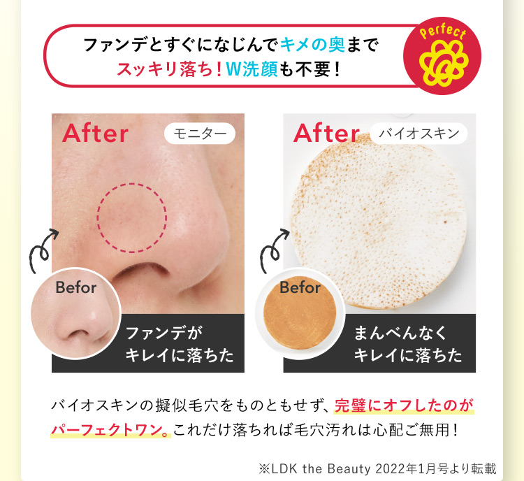 ファンデとすぐになじんでキメの奥までスッキリ落ち！W洗顔も不要！ モニター Befor After ファンデがキレイに落ちた バイオスキン BeforAfter まんべんなくキレイに落ちた バイオスキンの擬似毛穴をものともせず、完璧にオフしたのがパーフェクトワン。これだけ落ちれば毛穴汚れは心配ご無用！ ※LDK the Beauty 2022年1月号より転載