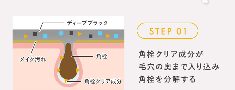 STEP 01 角栓クリア成分が毛穴の奥まで入り込み角栓を分解する