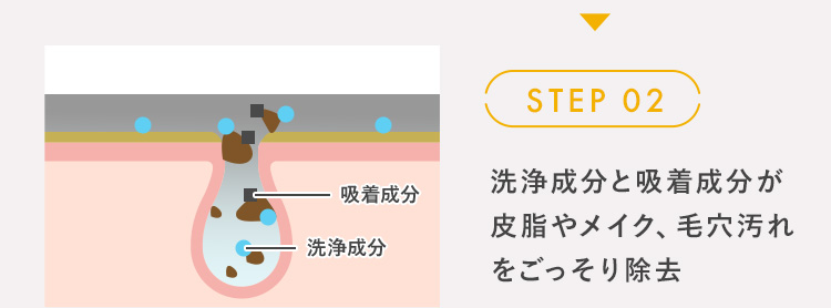 STEP 02 洗浄成分と吸着成分が皮脂やメイク、毛穴汚れをごっそり除去