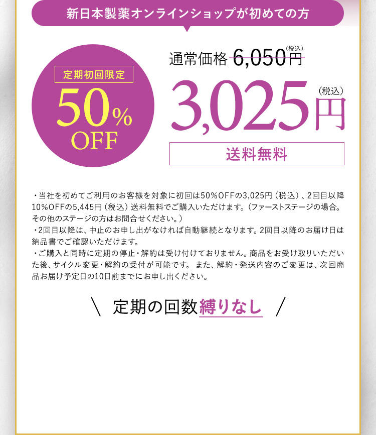 新日本製薬オンラインショップが初めての方 定期初回限定50％OFF 通常価格6,050円（税込） 3,025円（税込） 送料無料 定期の回数縛りなし
