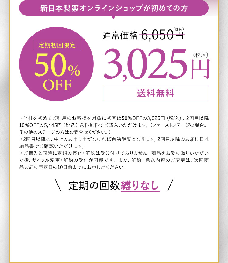 新日本製薬オンラインショップが初めての方 定期初回限定50％OFF 通常価格6,050円（税込） 3,025円（税込） 送料無料 定期の回数縛りなし