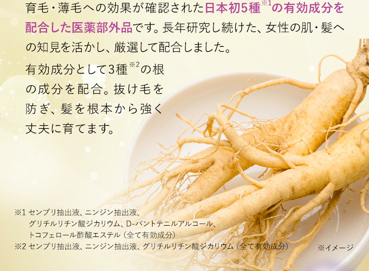 育毛・薄毛への効果が確認された日本初※1 5種※2の有効成分を配合した医薬部外品です。長年研究し続けた、女性の肌・髪への知見を活かし、厳選して配合しました。有効成分として3種※3 の根の成分を配合。抜け毛を防ぎ、髪を根本から強く丈夫に育てます。 ※1 組み合わせ ※2 センブリ抽出液、ニンジン抽出液、グリチルリチン酸ジカリウム、Dーパントテニルアルコール、トコフェロール酢酸エステル（全て有効成分） ※3 センブリ抽出液、ニンジン抽出液、グリチルリチン酸ジカリウム（全て有効成分） ※イメージ